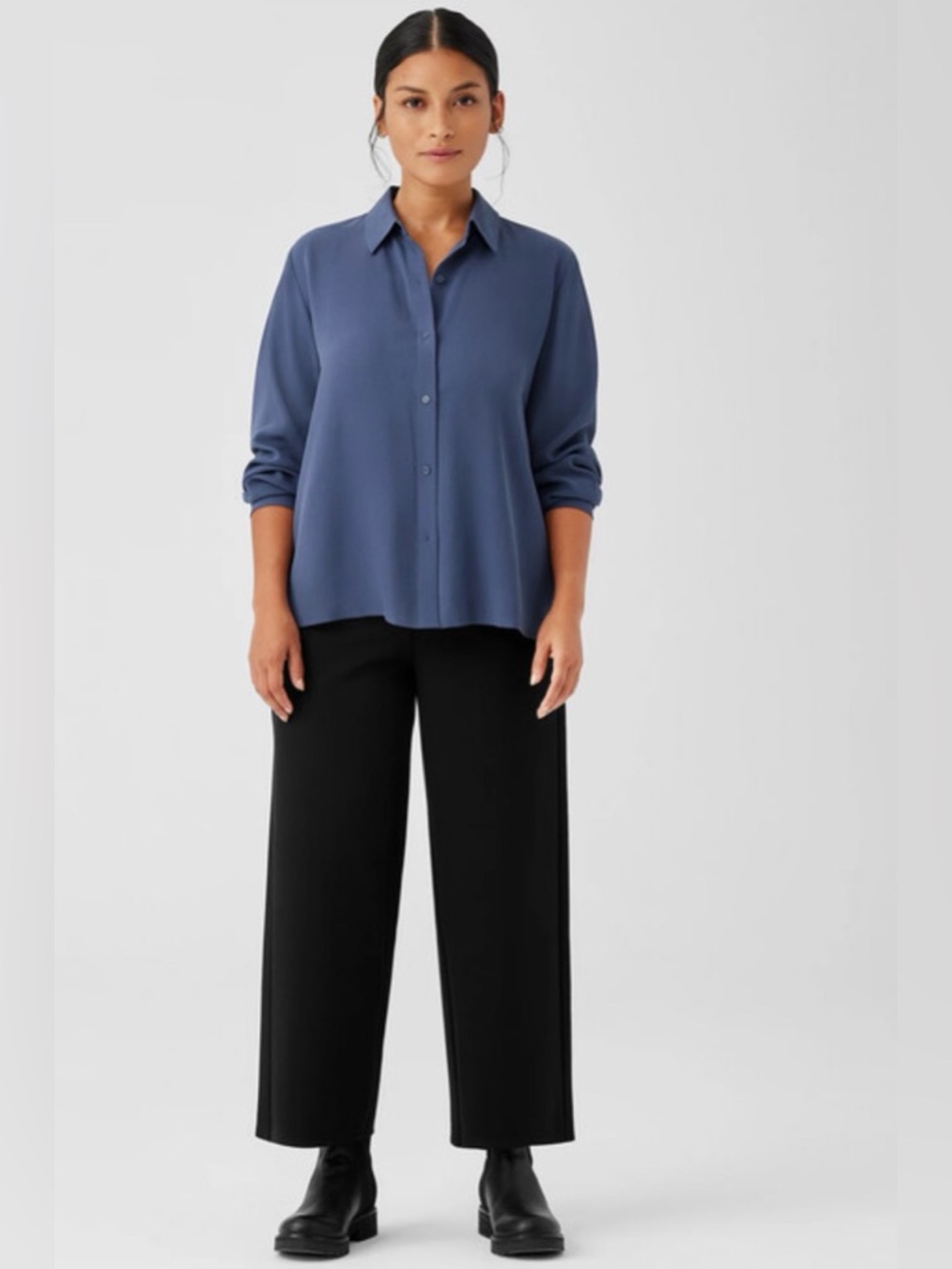 Eileen Fisher Silk Georgette Crepe Classic Collar Button-Up Shirt Blue bluet L
